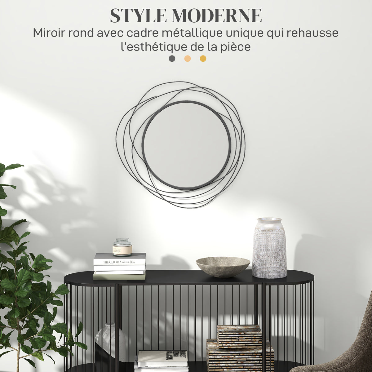 Miroir rond en métal filaire noir, décoration style moderne, diamètre Φ65 cm-3
