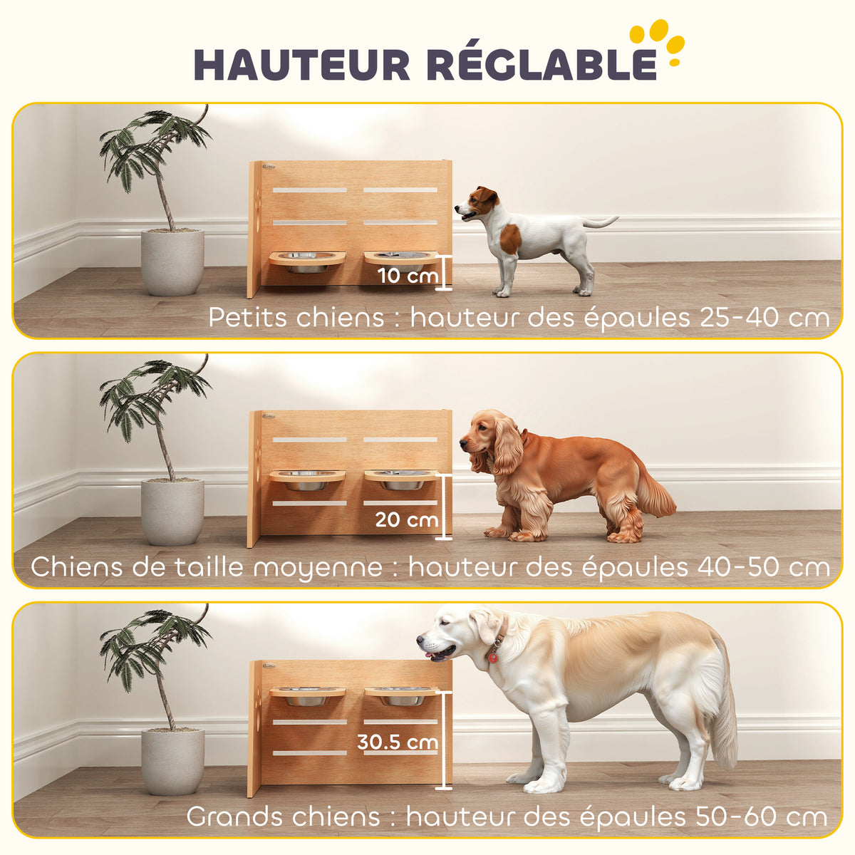 Gamelle chien surélevée de 3 hauteurs ajustables gamelle pour chien 2 bols acier inoxydable 63 x 58,5 x 40 cm chêne-4