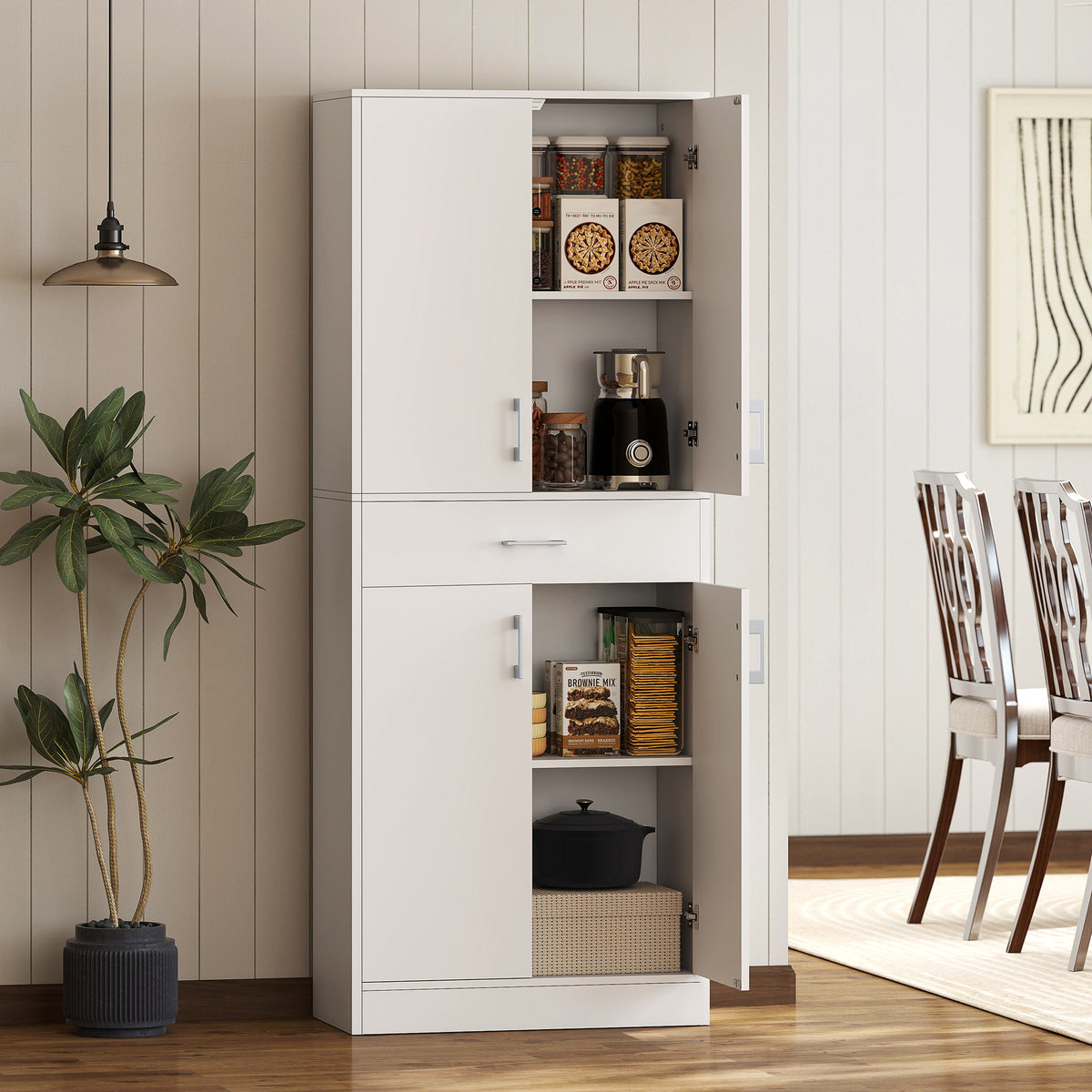 Buffet haut armoire de cuisine 4 portes 2 placards et 1 tiroir central hauteur 180 cm avec 2 étagères réglables blanc-1