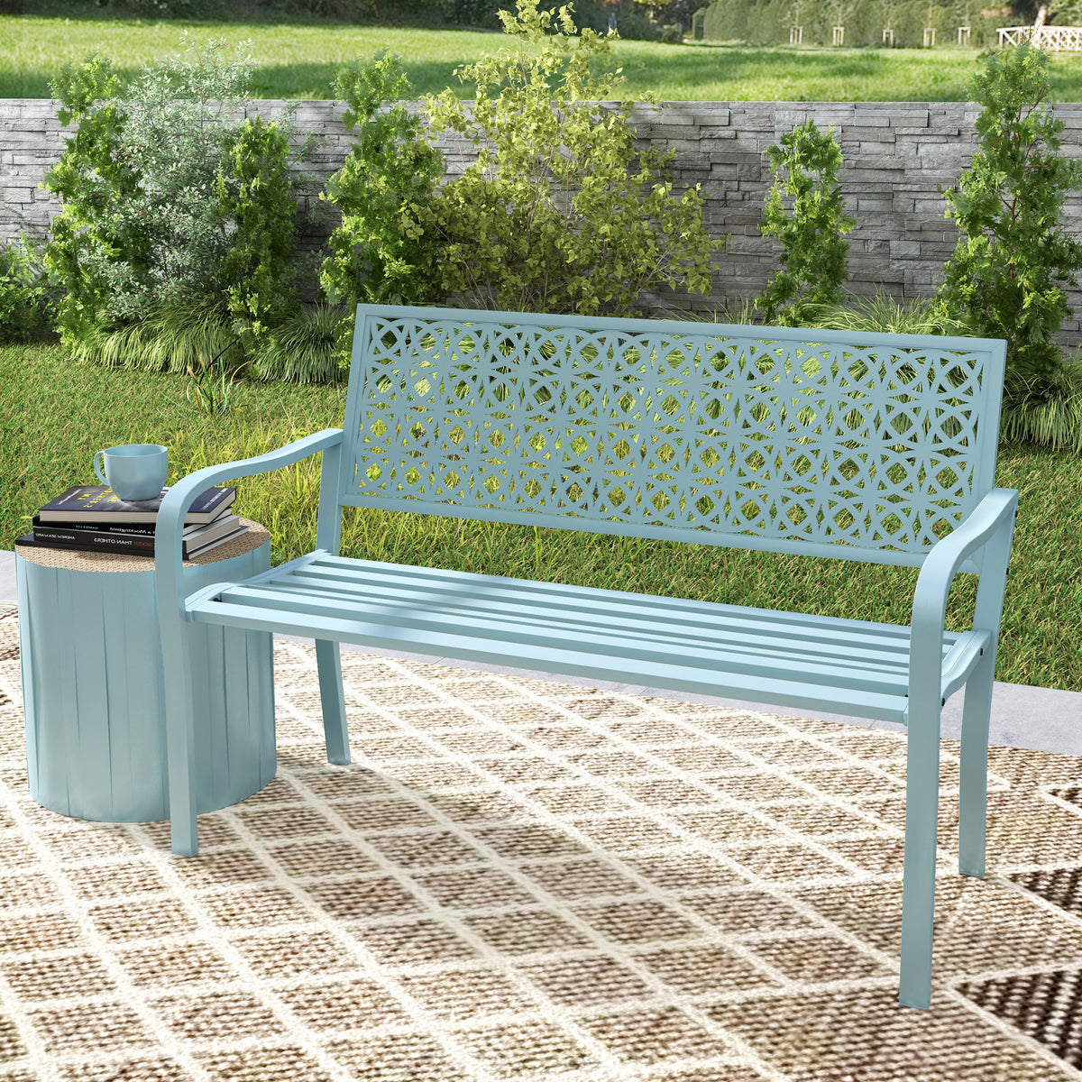Banc de jardin 2 places, banc extérieur jardin en acier avec dossier ajouré, 127 x 63 x 85 cm, bleu-8