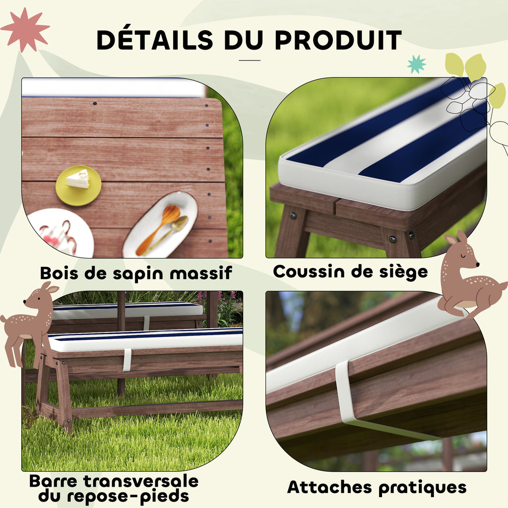 Ensemble salon de jardin extérieur enfant avec coussins et parasol amovible, rayé bleu marine et blanc-6