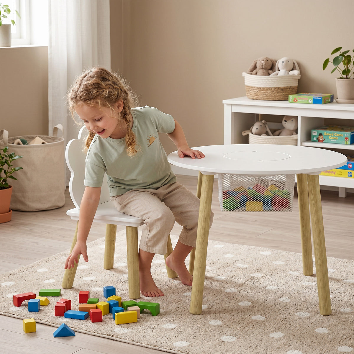 Table enfant avec chaise, ensemble table et 2 chaises en bois avec sac de rangement pour dessiner, jouer, étudier, blanc-9