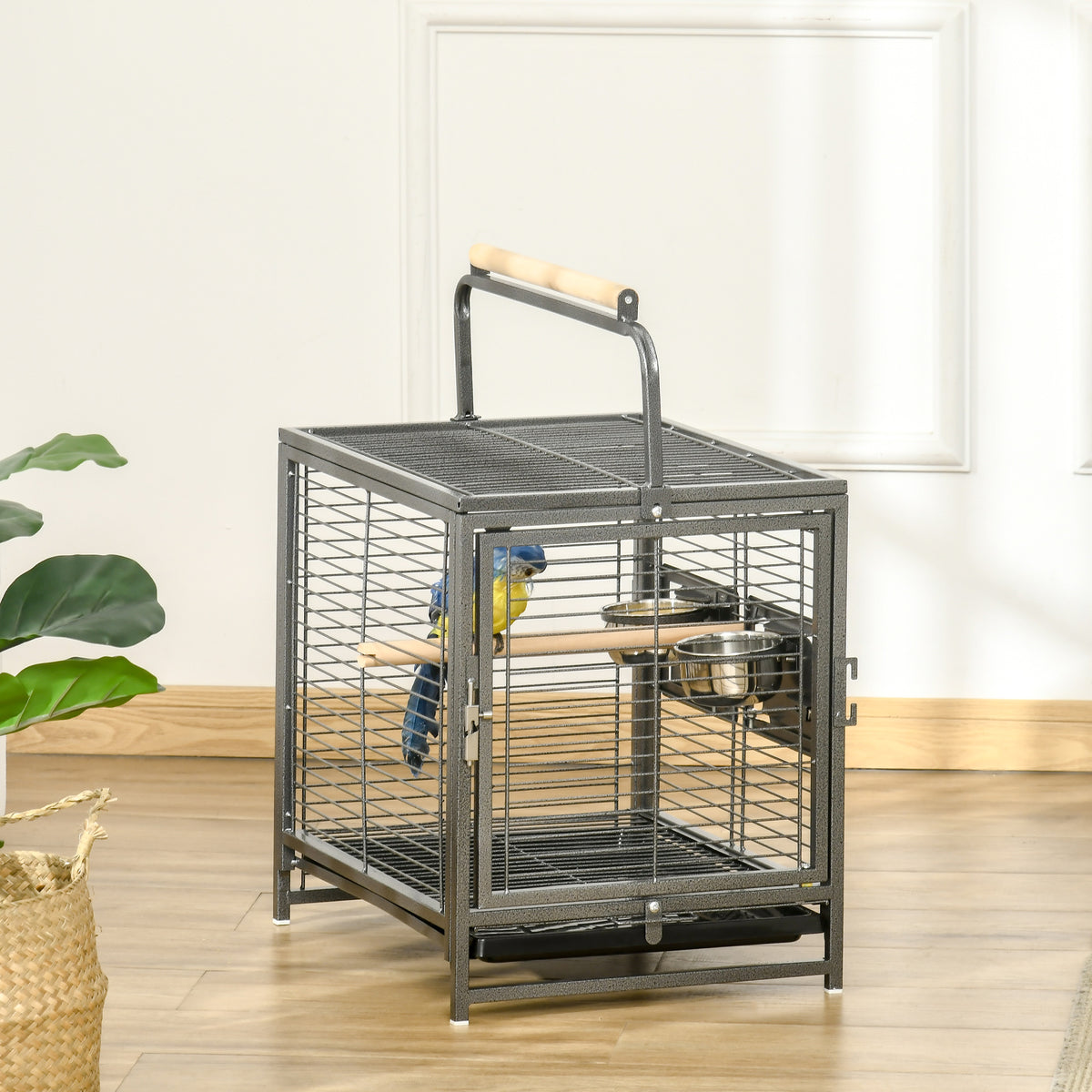 Cage de transport en acier pour perroquets, cage à oiseaux avec 2 bols en acier inoxydable, 2 perchoirs, plateau, noir-9