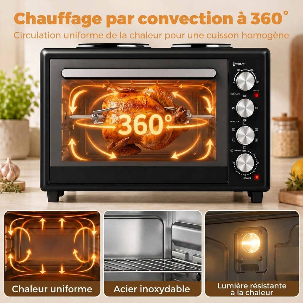 Mini-Four avec 2 Plaques de Cuisson et Broche Rotative 46L 2850 W, Four à Convection Multifonction, Minuterie, Noir-6
