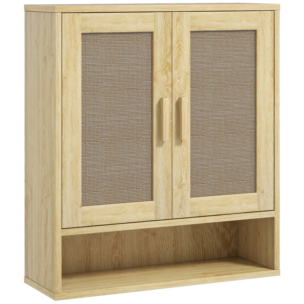 Meuble mural salle de bain meuble wc suspendu avec double porte et étagère ouverte 59 x 20 x 66,5 cm effet bois de chêne-0