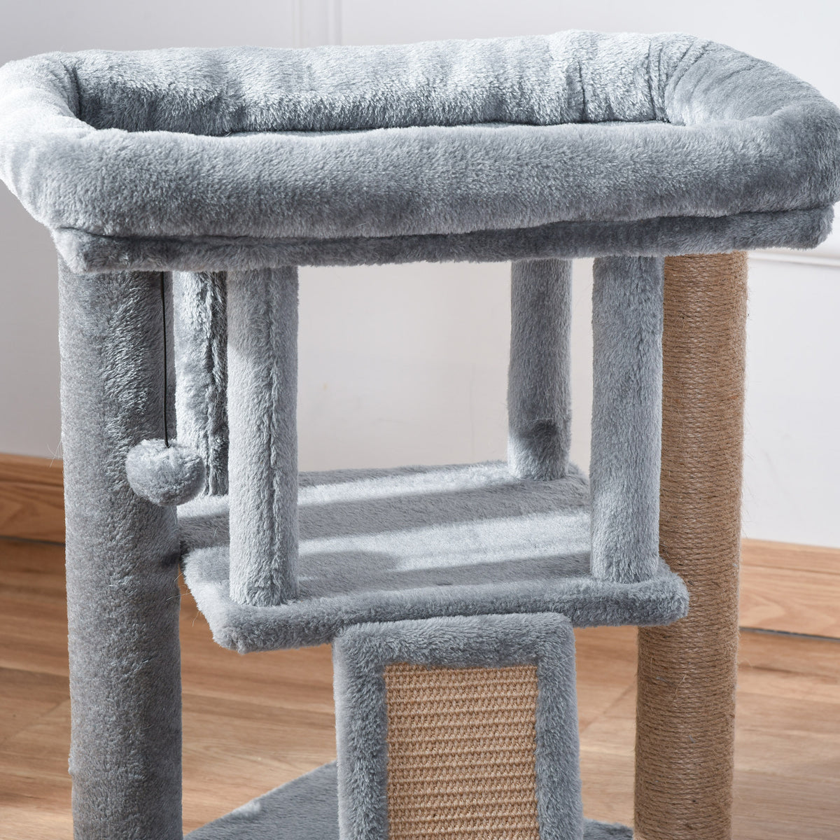 Arbre à chat hauteur de 57 cm avec griffoir en jute, niche, plateforme et balle de jeu, en tissu peluche gris clair-7