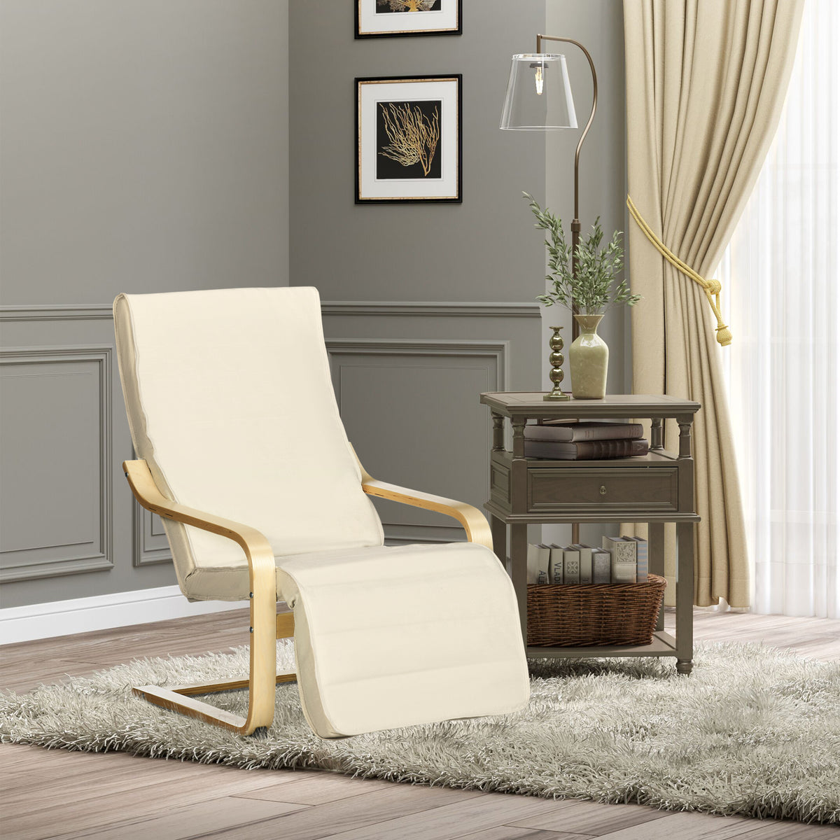 Fauteuil Relax Confort et Relaxation avec Repose-Pied réglable déhoussable 94 x 66,5 x 100 cm cm Bois Massif Crème-1