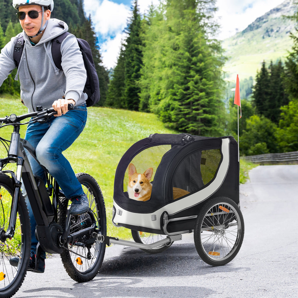 Remorque velo pour chien animaux avec drapeau et 8 reflecteurs blanc et noir-1
