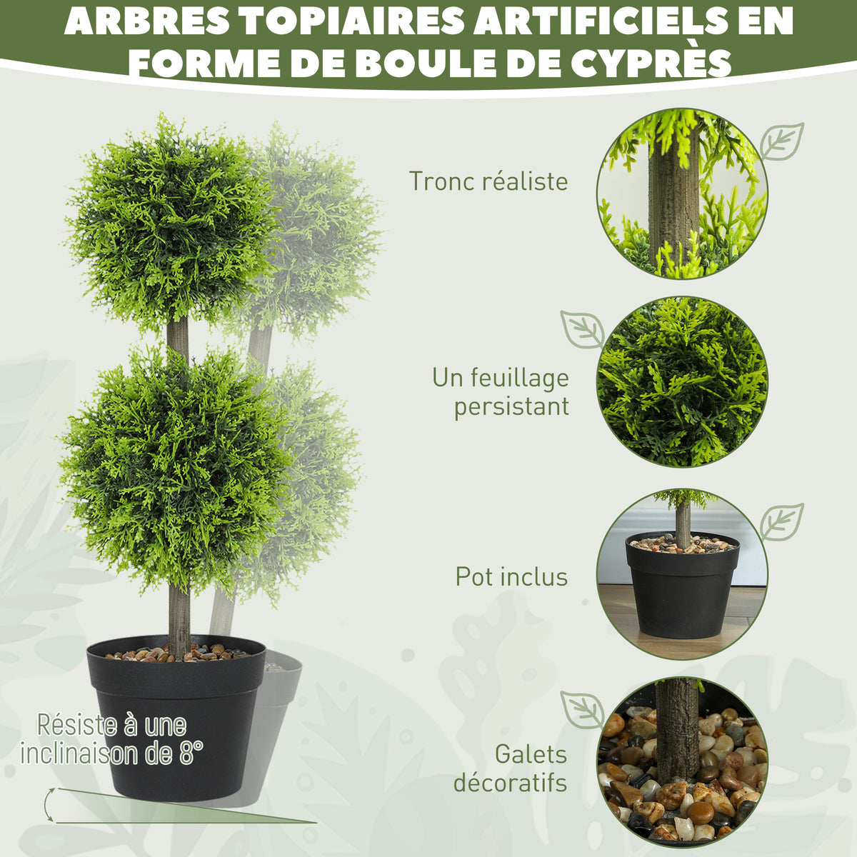 Lot de 2 plantes artificielles décoratives, boules de buis artificiel 60 cm avec pot, plastique, vert-3