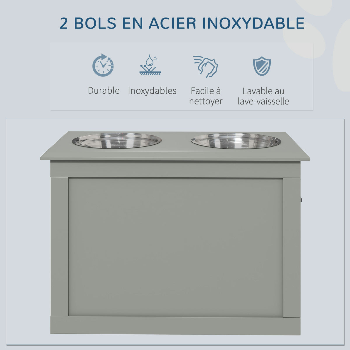 Gamelles chiens surélevées gamelle double chien chat Porte-gamelles surélevé dim. 60L x 30l x 41H cm 2 gamelles 2L poignées coffre bois gris-4