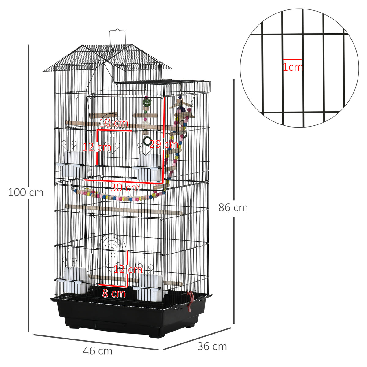 Cage à oiseaux 46 x 36 x 100 cm 4 mangeoires 3 perchoirs cage pour perruche calopsitte conure pinson canaris-2