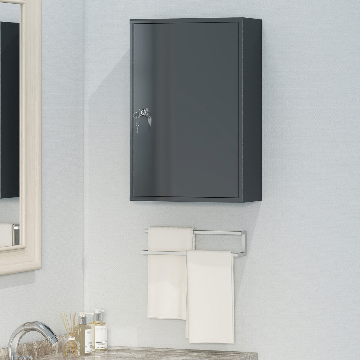 Armoire à Pharmacie 2 Étagères 3 Niveaux Verrouillable, Dim. 40L x 18l x 60H cm, 2 Clés, Métal, Gris Fumé-1