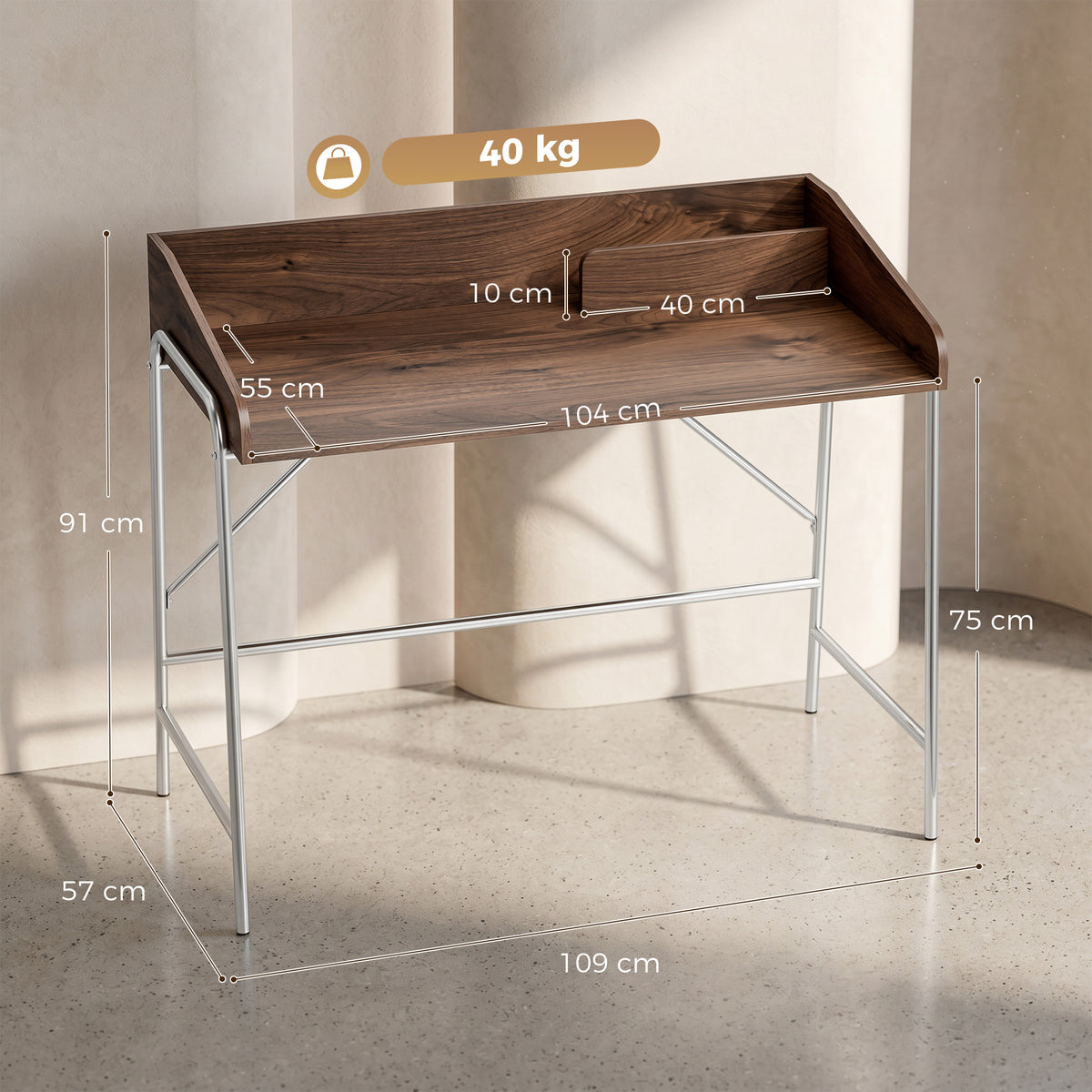 Bureau, bureau d'ordinateur 109 cm avec rebord de sécurité et structure en métal, noyer-2