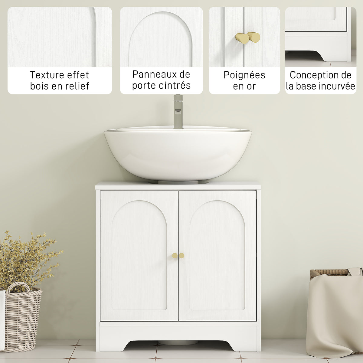 Meuble sous lavabo salle de bain avec placard à portes et étagère réglable, pour bassin avec ou sans pédestal, blanc-6