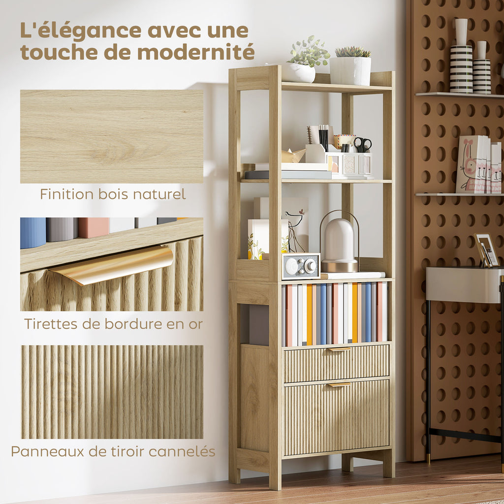 Bibliothèque haute, meuble de rangement avec 4 étagères ouvertes et 2 tiroirs cannelés, 60 x 30 x 160 cm, bois naturel-3