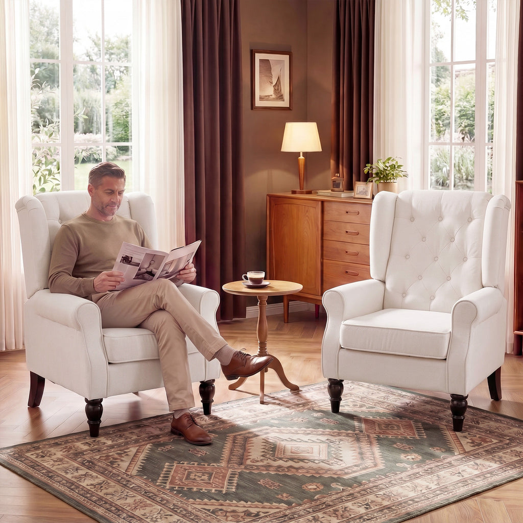 Fauteuil de Salon, Fauteuil d'Appoint Mi-Siècle Moderne en Flanelle Neige avec Haut Dossier Capitonné à Oreilles, Crème-8