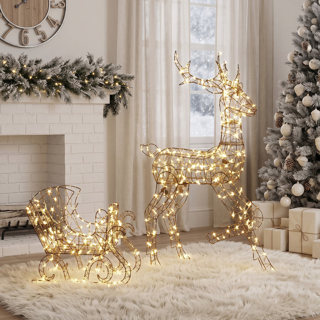 Renne de Noël avec Traîneau Lumineux 2 Pièces en Rotin PP, 175 LED Blanc Chaud, 8 Modes, Minuterie, 82x32x120cm, Marron-8