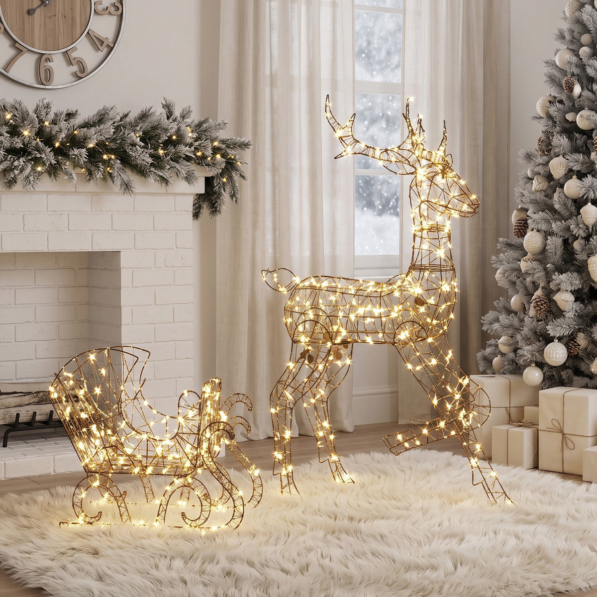 Renne de Noël avec Traîneau Lumineux 2 Pièces en Rotin PP, 175 LED Blanc Chaud, 8 Modes, Minuterie, 82x32x120cm, Marron-8