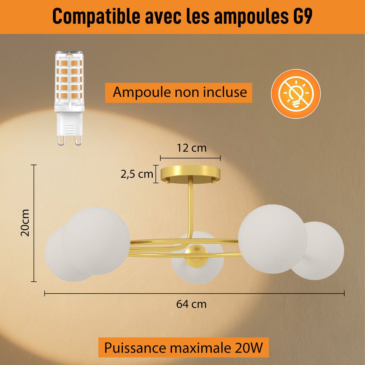 Plafonnier lustre moderne, luminaire plafonnier à 5 lumières avec culot G9, montage semi-affleurant, doré et blanc-4