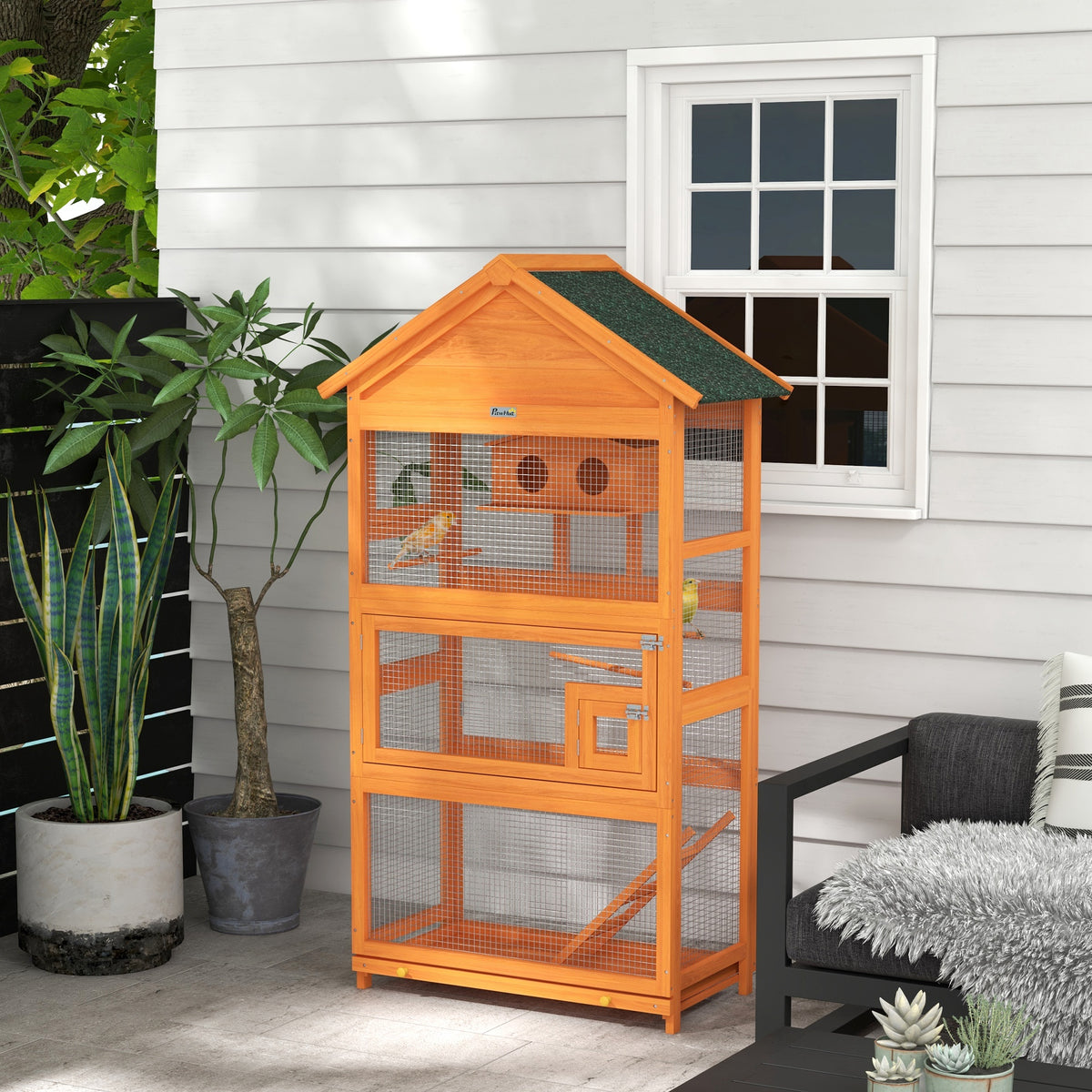 Cage à oiseaux en bois cage perroquet aire de jeux toit asphalte imperméable 92 x 52 x 171 cm orange-9