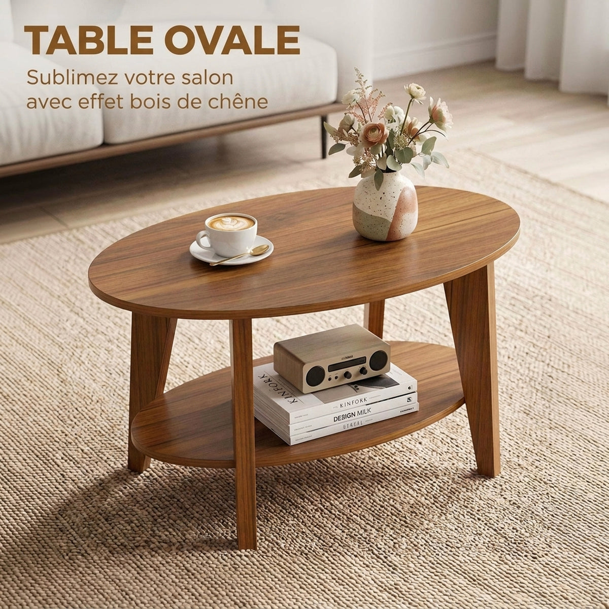 Table Basse Ovale à 2 Niveaux, Table de Salon Moderne avec Étagère Inférieure Ouverte, 80 x 50 x 45 cm, Chêne-3