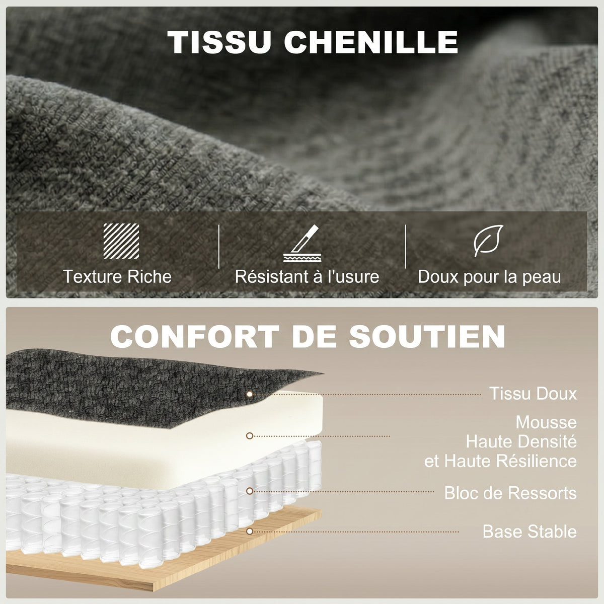 Canapé convertible 2 places 3 en 1, canapé-lit clic clac en chenille avec dossier réglable, porte-gobelets, gris foncé-6