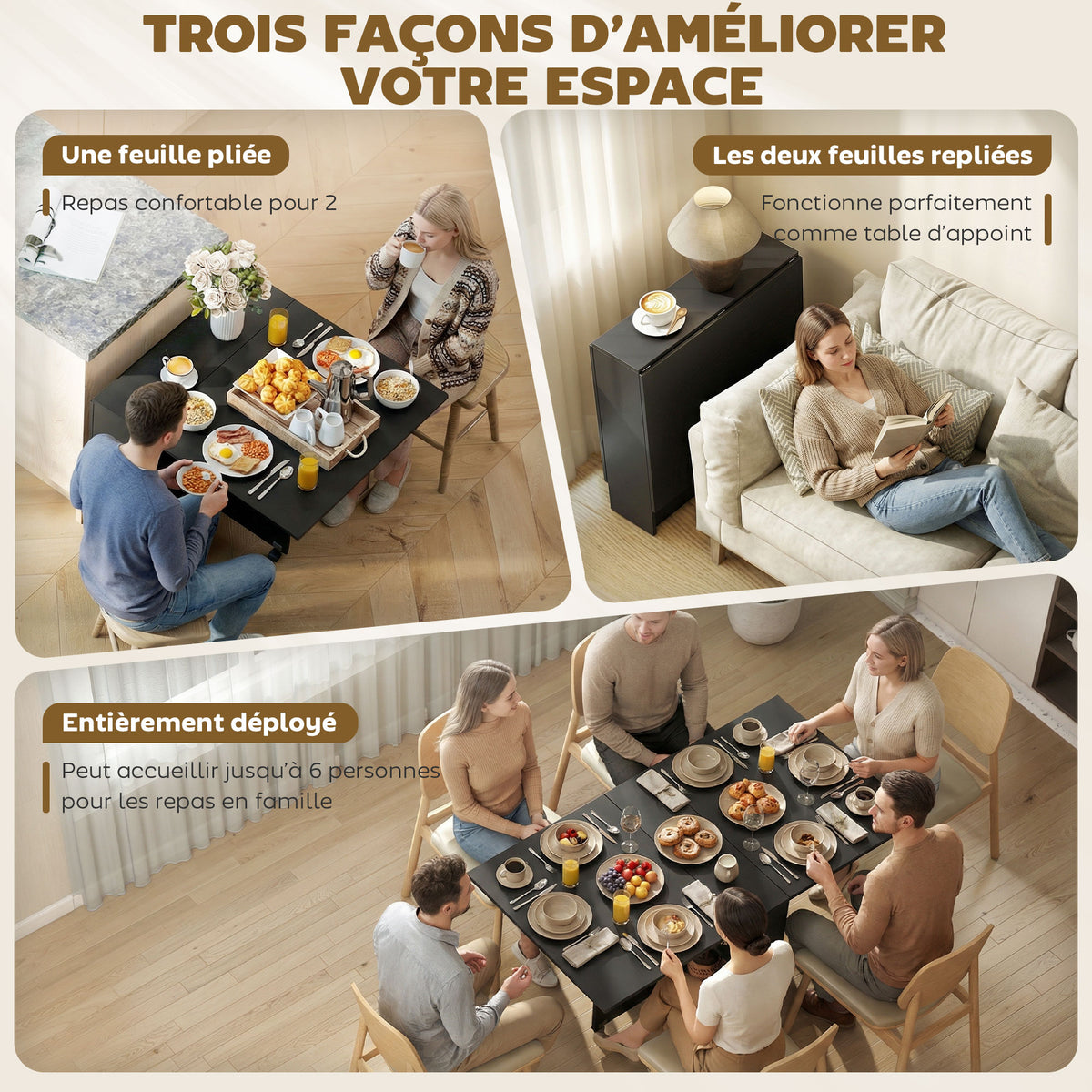 Table pliante de cuisine salle à manger amovible sur roulettes 75 x 140 x 74 cm coloris noir-3