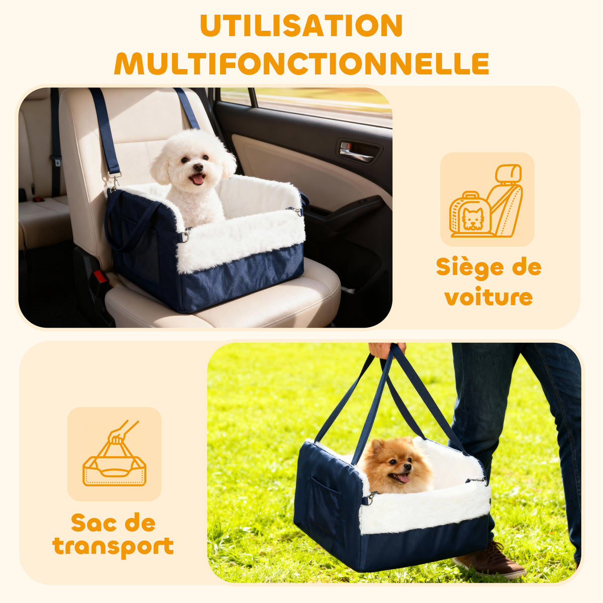 Siège auto pour chien avec ceinture de sécurité et fixation, siège de voiture pour chiens 55 x 46 x 32 cm bleu marine-4