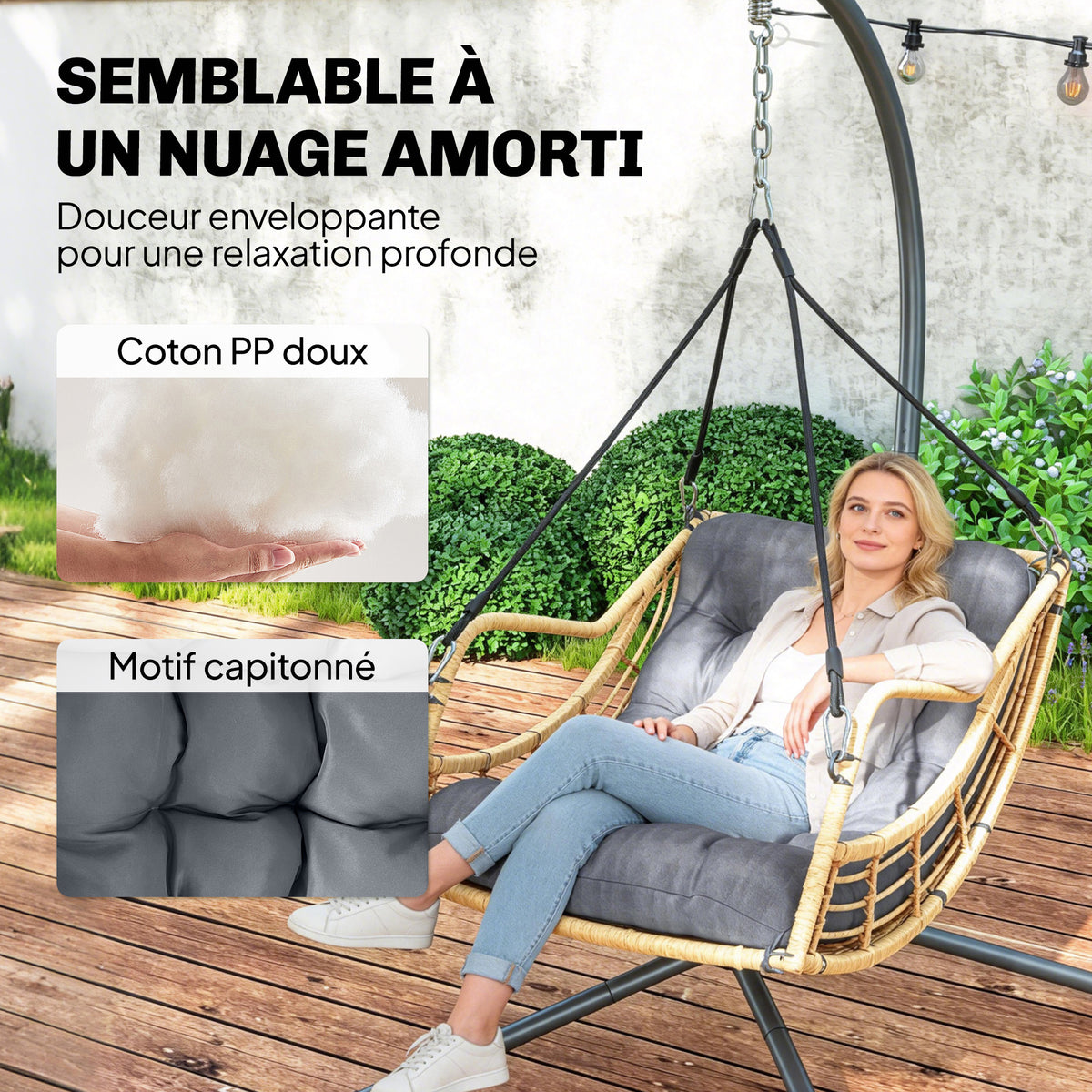 Fauteuil suspendu en résine tressée avec support, chaise suspendue, coussin, attache de sécurité, hauteur réglable, gris-4