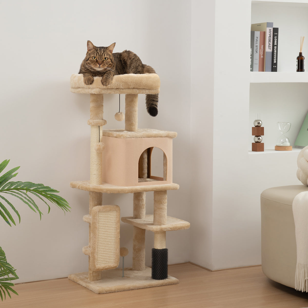 Arbre à Chat, Tour de Jeux, Hauteur de 104 cm, avec Lit, Maison, Brosse de Toilettage, 44l x 34P x 104H cm, Beige-1