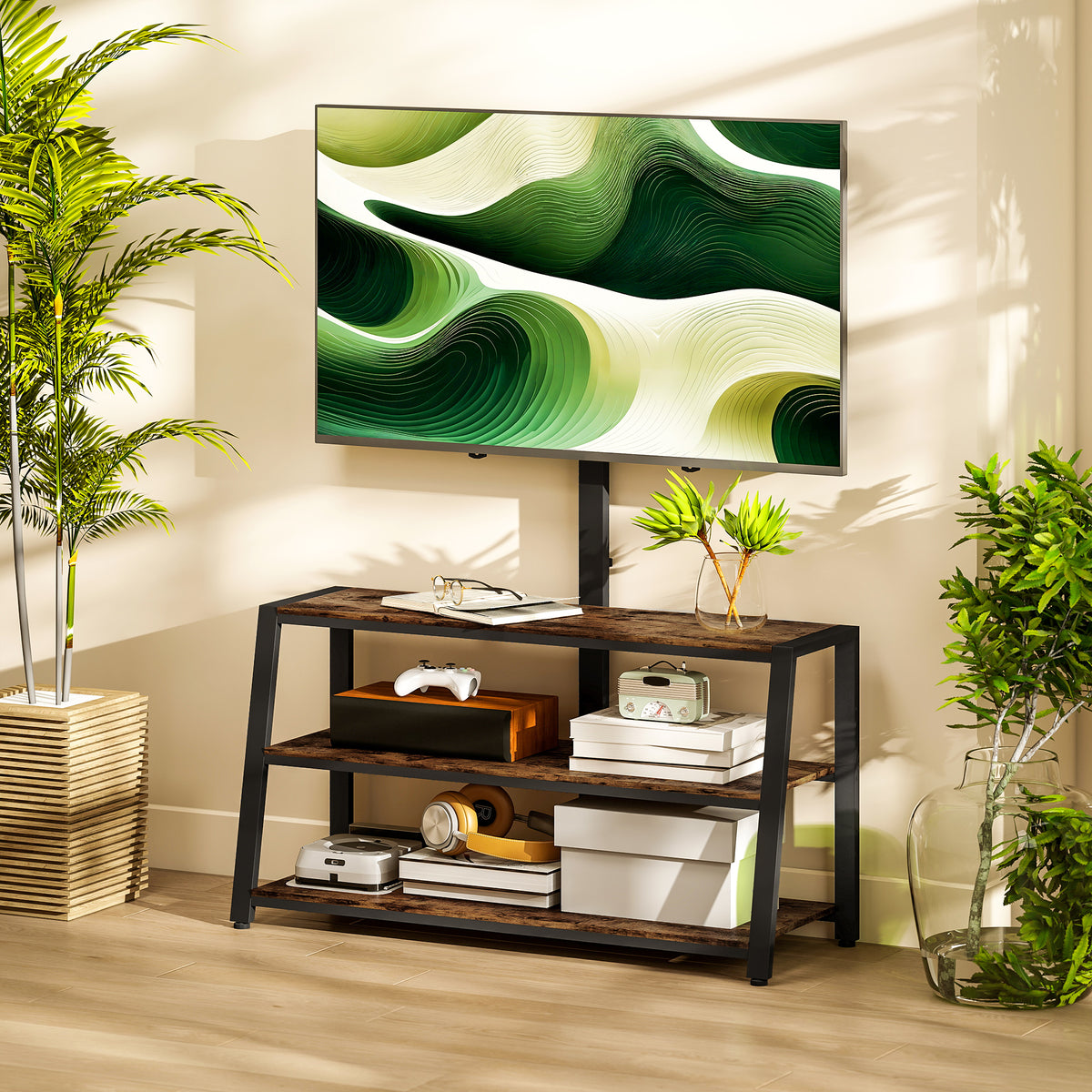 Meuble TV avec support pour téléviseurs de 32-70 pouces, étagères ouvertes, angle ajustable 35°, 108x41x135cm, marron-9