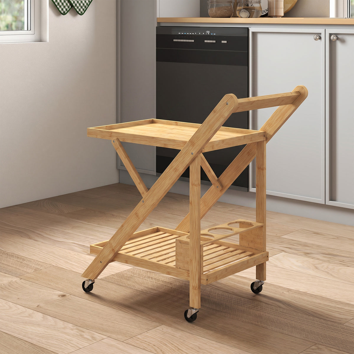 Desserte de cuisine en bambou chariot de service pliable 2 plateaux 4 roues 3 casiers à vin 66 x 40 x 70 cm bois naturel-1