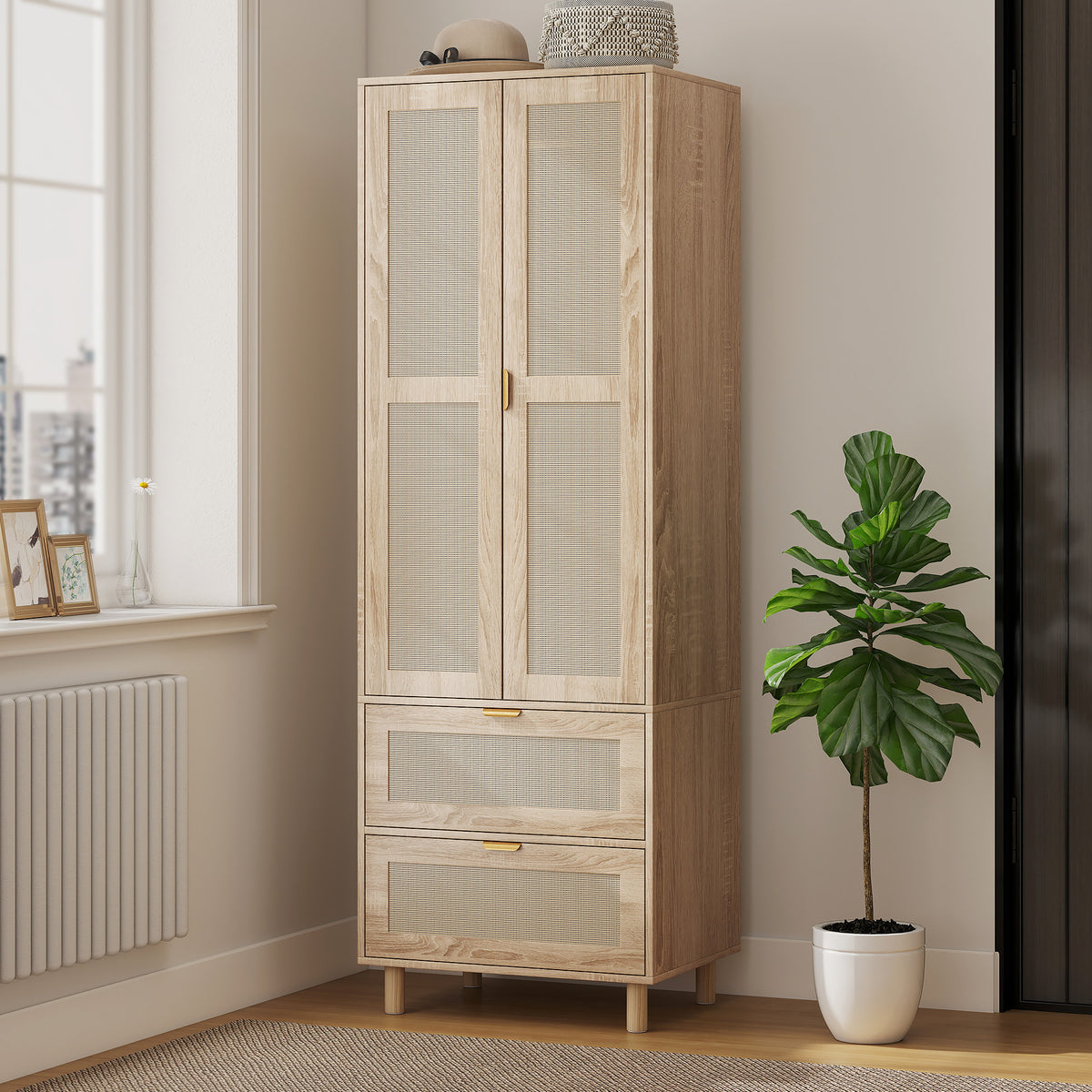 Armoire chambre penderie avec 2 portes en rotin, 2 tiroirs et barre de suspension, 63 x 47 x 185 cm, bois naturel-1