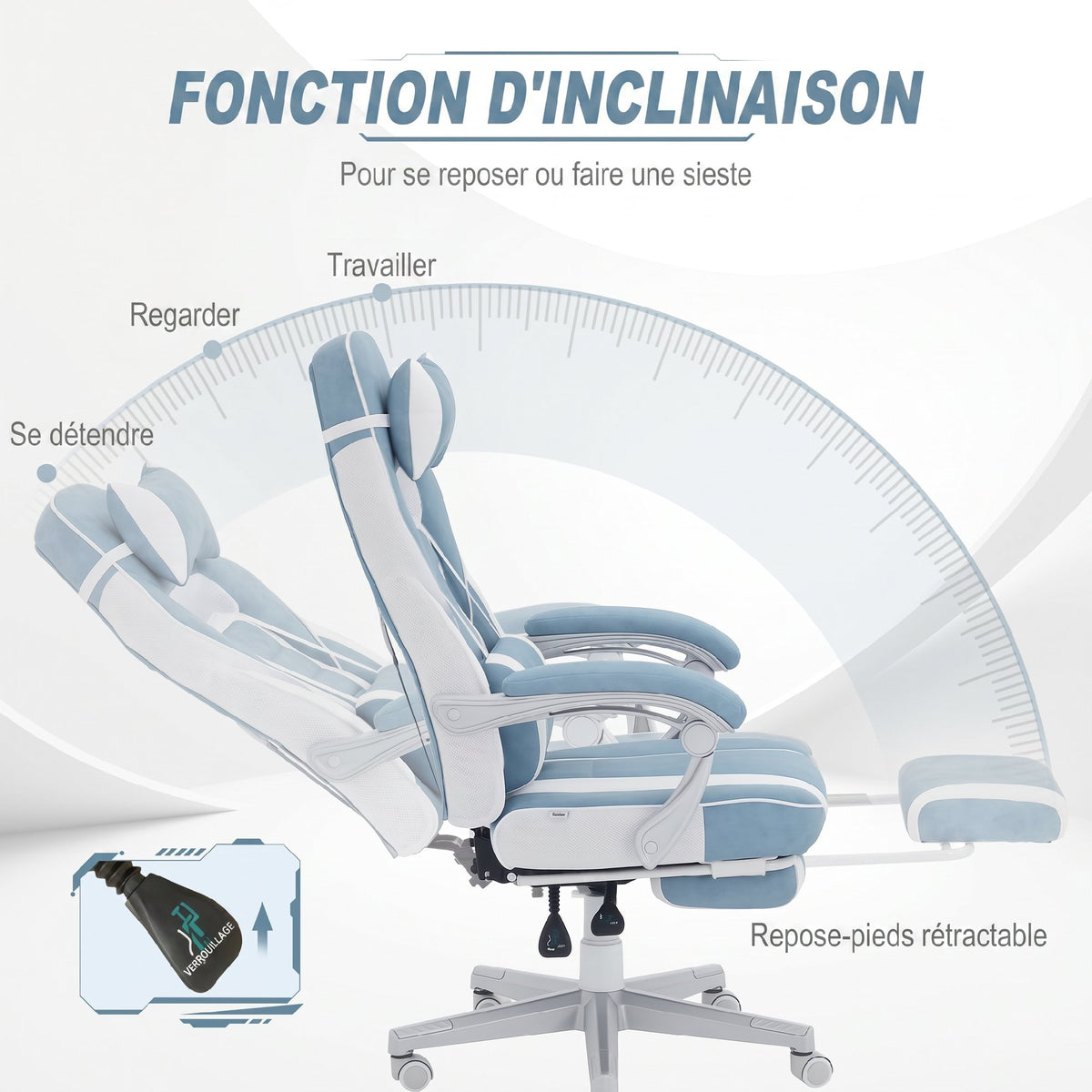 Chaise gaming, fauteuil gaming ergonomique avec repose-pieds, hauteur réglable, dossier inclinable, 63x63x123cm, bleu-4