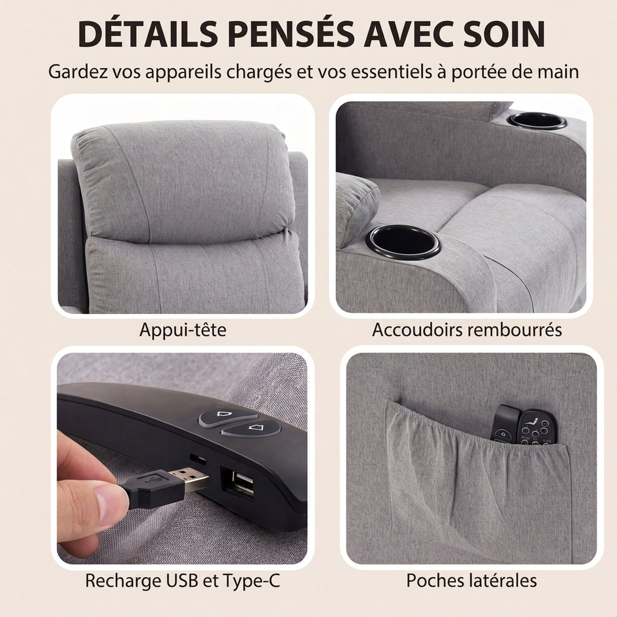 Fauteuil Releveur Électrique Massage Vibration et Chaleur, Fauteuil Relax Électrique, Dossier Inclinable, Port USB, Gris-7