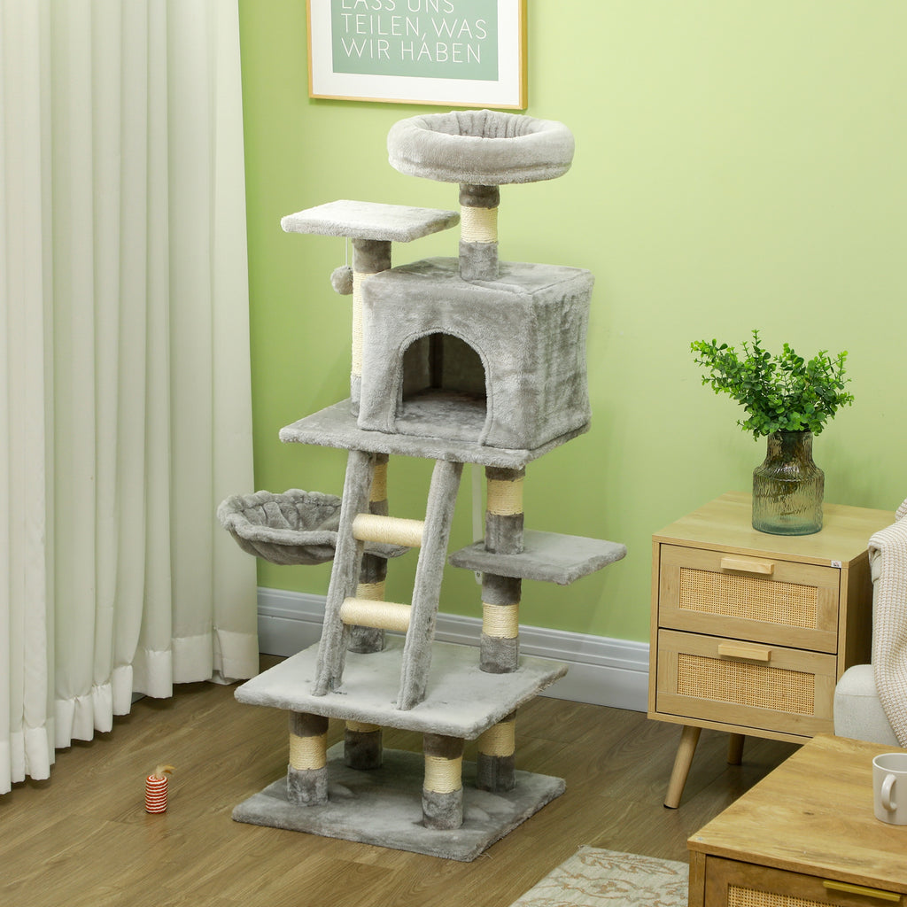 Arbre à chats multi-équipements griffoirs grattoirs niches plate-formes + échelle + hamac+ boule suspendue gris-7