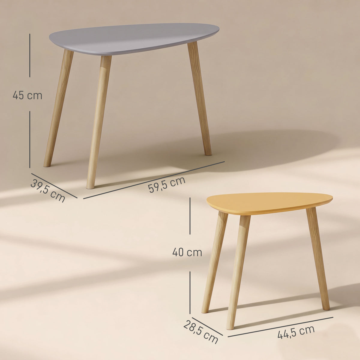 Lot de 2 tables basses gigognes design scandinave pieds en bois et plateau en bois, gris et jaune-2