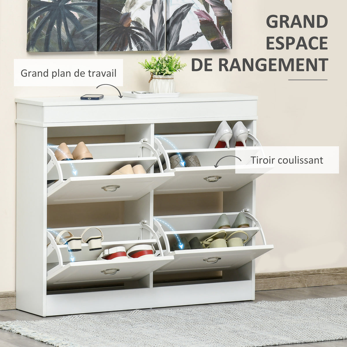 Armoire à Chaussures Meuble à Chaussures Rangement dim. 98L x 24l x 83H cm 4 Portes abattantes Double Niveau MDF Blanc-4