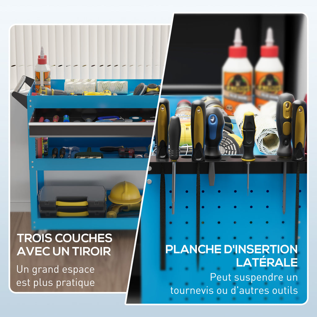 Chariot d'atelier servante atelier à 3 niveaux avec tiroir, porte-outils latéral et poignée, 82x35x76 cm, bleu-4