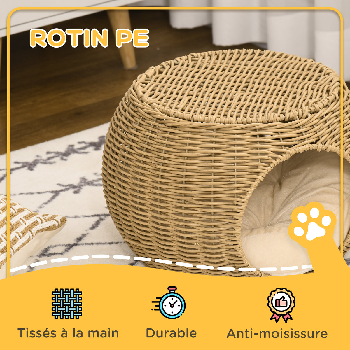 Niche panier maison pour chat 2 niveaux en résine tressée aspect rotin avec 1 coussin doux Ø 40 x 30 cm marron clair-3