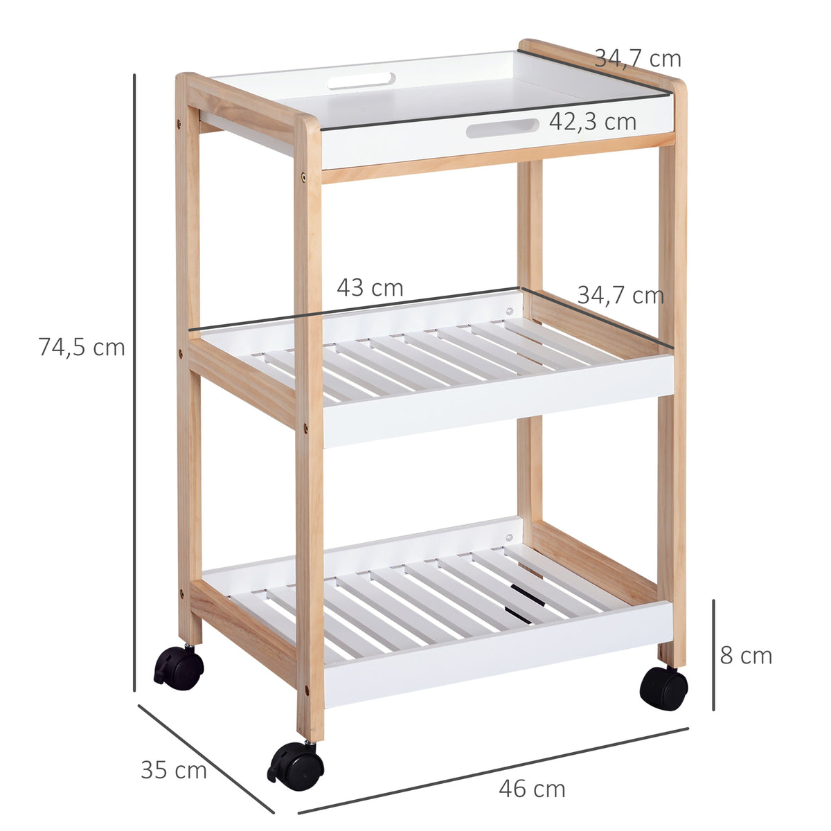 Chariot de service desserte de cuisine à roulettes 2 étagères + plateau amovible bois de pin MDF blanc-2