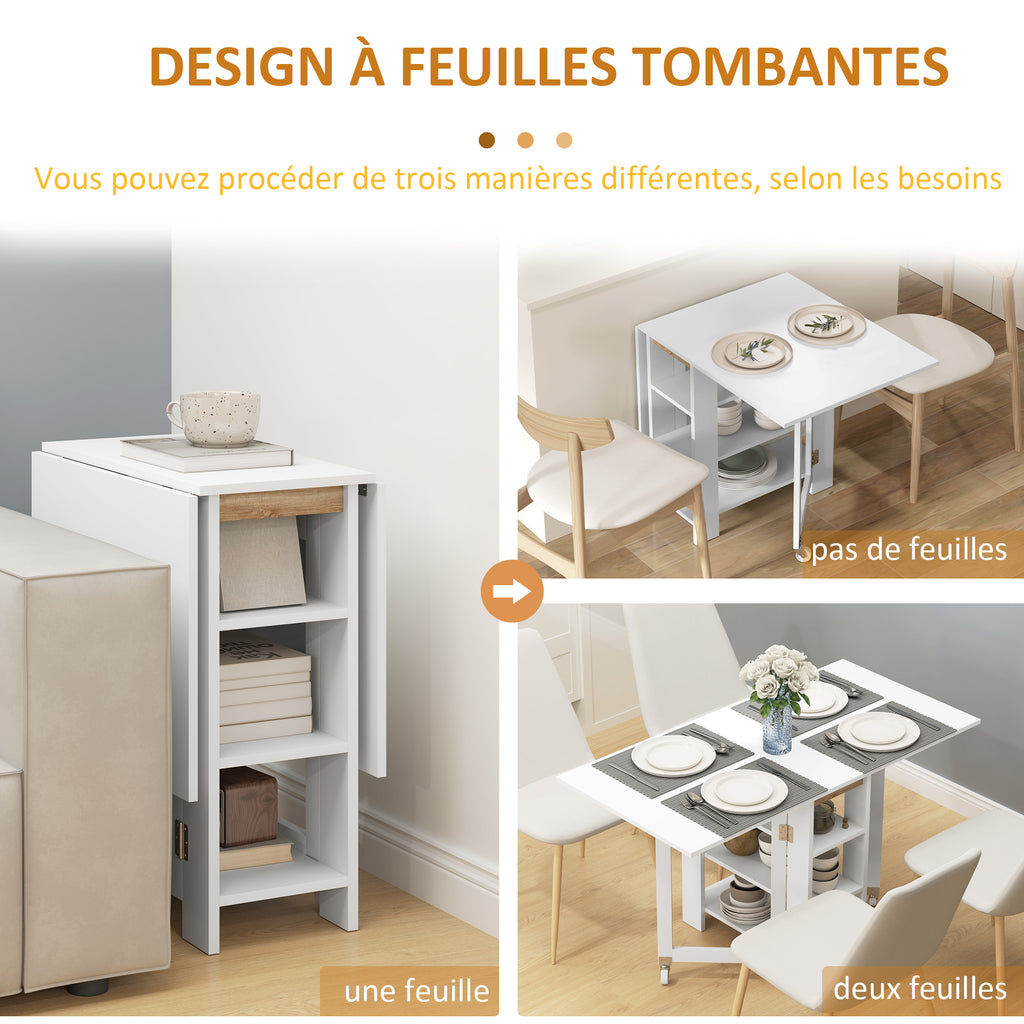 Table à Manger Pliante sur Roulettes, Table de Cuisine pour 2 à 4 Personnes avec Étagères de Rangement, Blanc-4