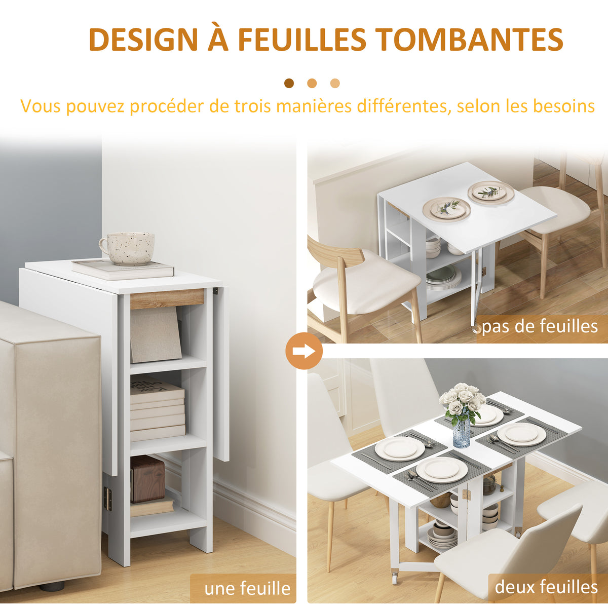 Table à Manger Pliante sur Roulettes, Table de Cuisine pour 2 à 4 Personnes avec Étagères de Rangement, Blanc-4