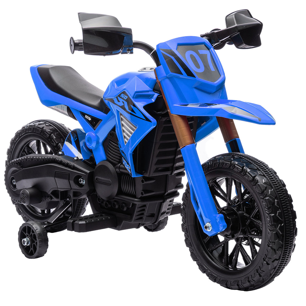 Moto cross électrique pour enfants 3-8 ans, batterie 6 V, 2 moteurs, klaxon et roues d'entraînement, charge 30KG, bleu-0