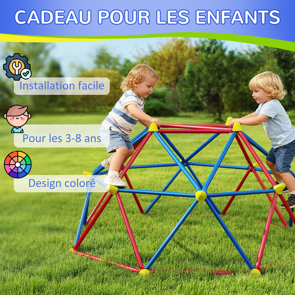 Dôme d'escalade enfant cage d'escalade structure en métal charge max. 180 kg assemblage facile 183 cm multicolore-6