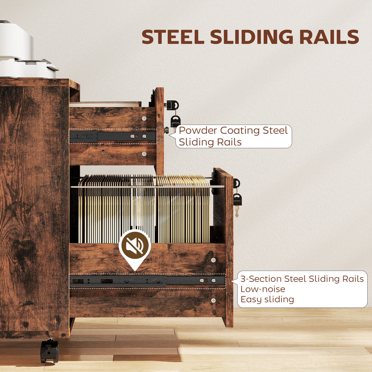 Caisson bureau mobile à 2 tiroirs, meuble rangement bureau sur roulettes pour documents suspendus format lettre, marron-7