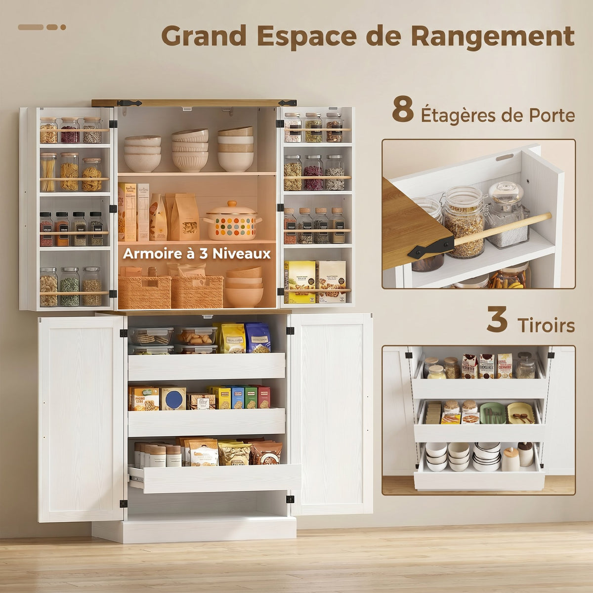 Buffet haut cuisine, armoire de cuisine, 4 portes, 3 tiroirs, 8 porte-racks et étagères réglables, 76x40x182cm, blanc-3