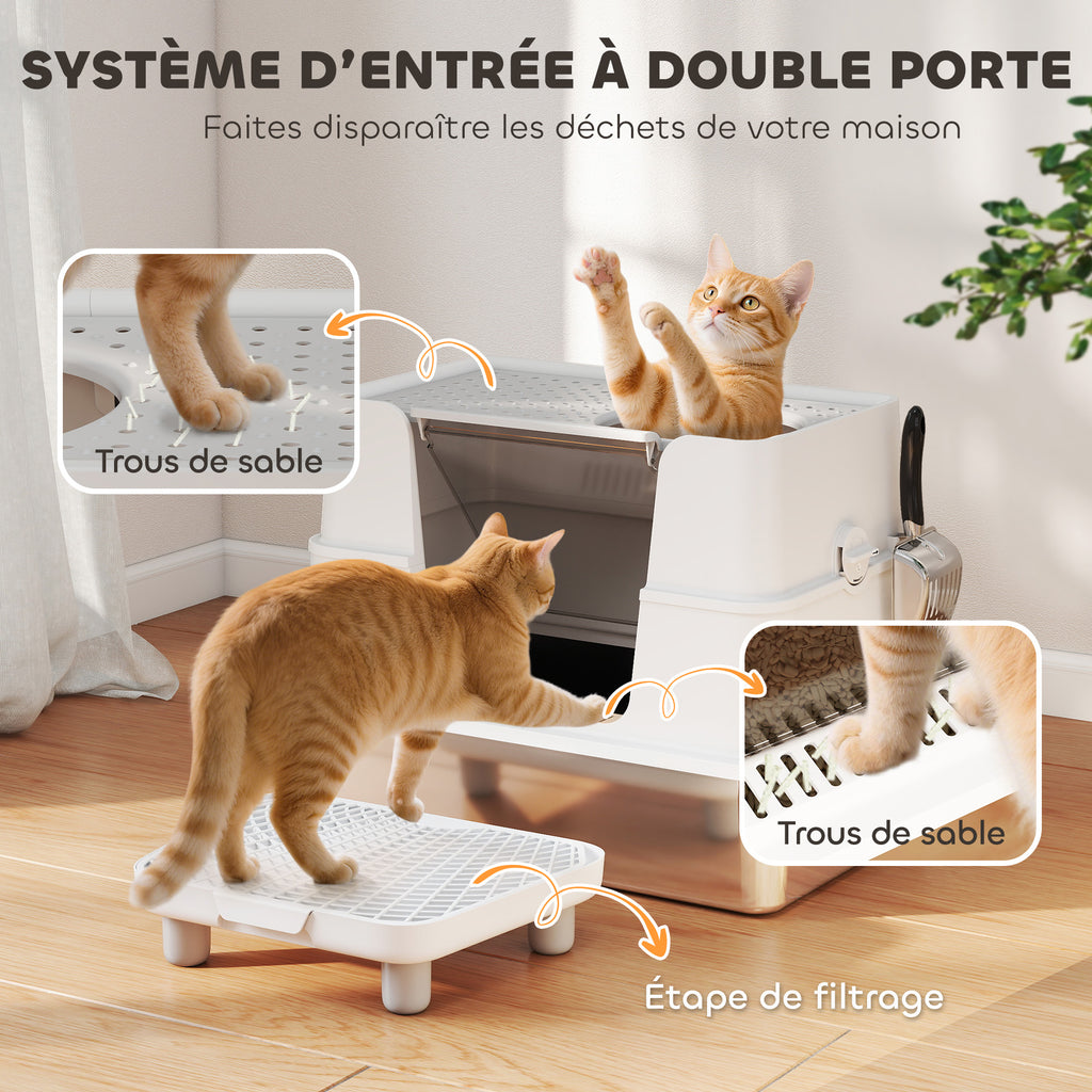 Bac à Litière XL en Acier Inoxydable pour Grand Chat, Couvercle Pivotant 100°, Pelle, 60,2x40,2x44,5cm, Gris Clair-6