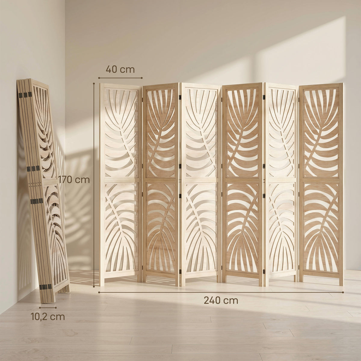 Paravent interieur en bois 6 panneaux 240 x 170 cm, pliable et portable, motif de feuille, design amovible, bois naturel-2