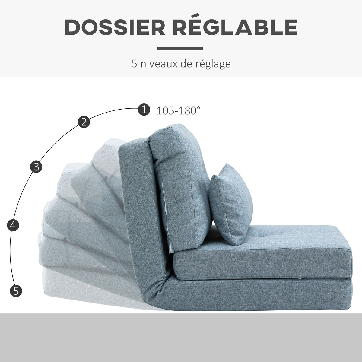 Chauffeuse canapé-lit convertible fauteuil 1 place avec 1 coussin avec dossier réglable, bleu-3
